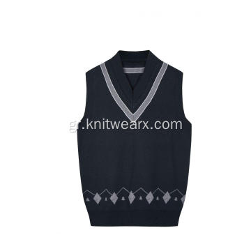 Boy&#39;s Knitted Cable Contrast Stripe Neck School Vest